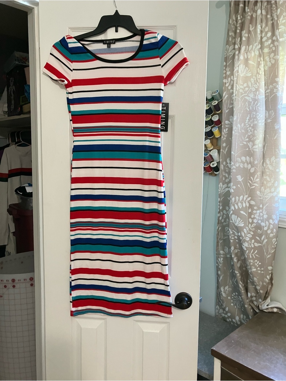 Timing Striped Short-Sleeve Midi Dress in Red, Blue, Teal, White